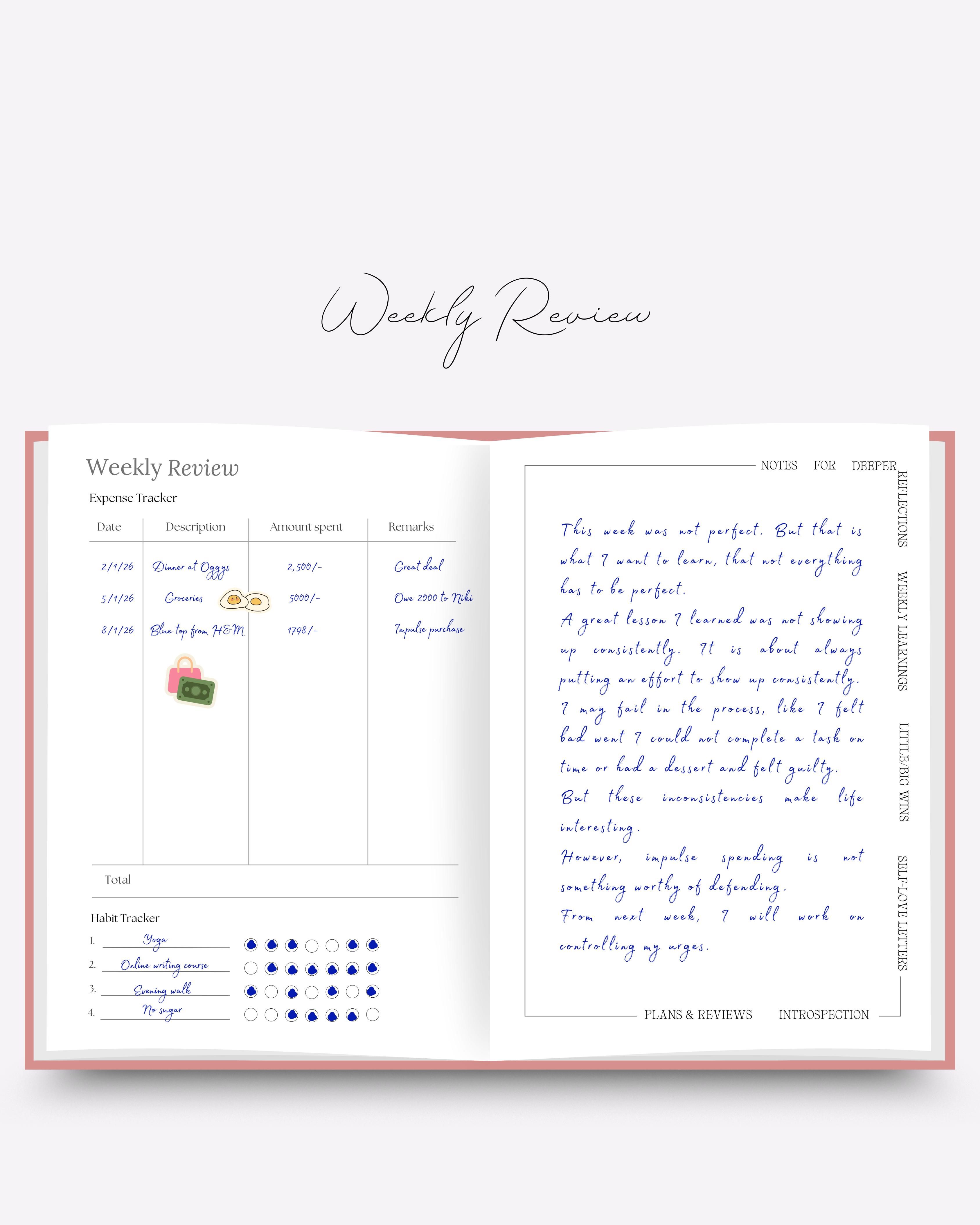Open planner with weekly review and expense tracker sections on a white background