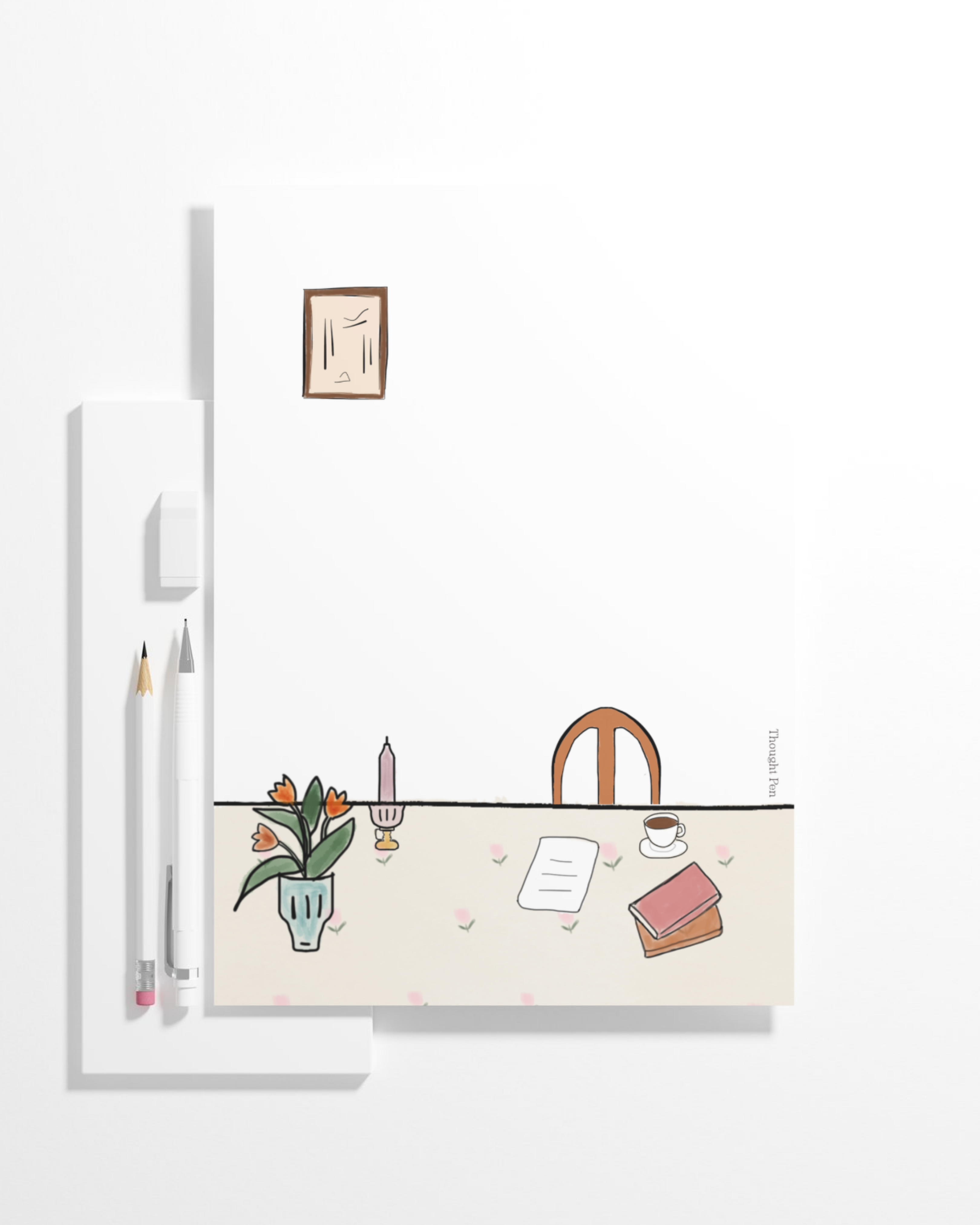 Notepad with Illustration of a desk with office supplies on a white background