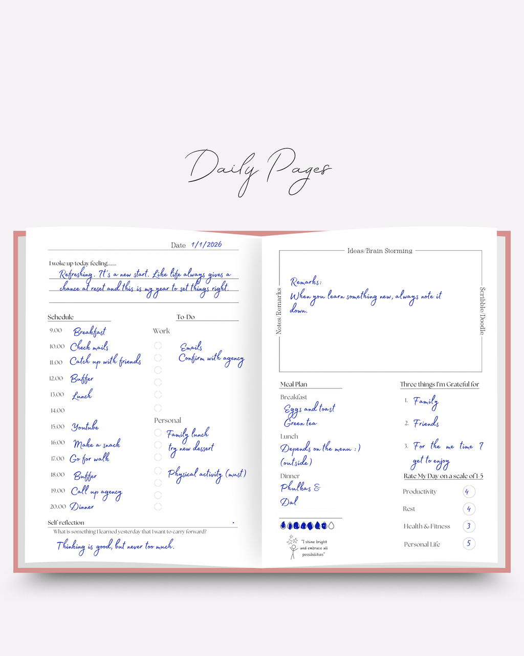 Daily planning pages with schedule, to-do list, notes, and reflection prompts on a white background and minimal layout.