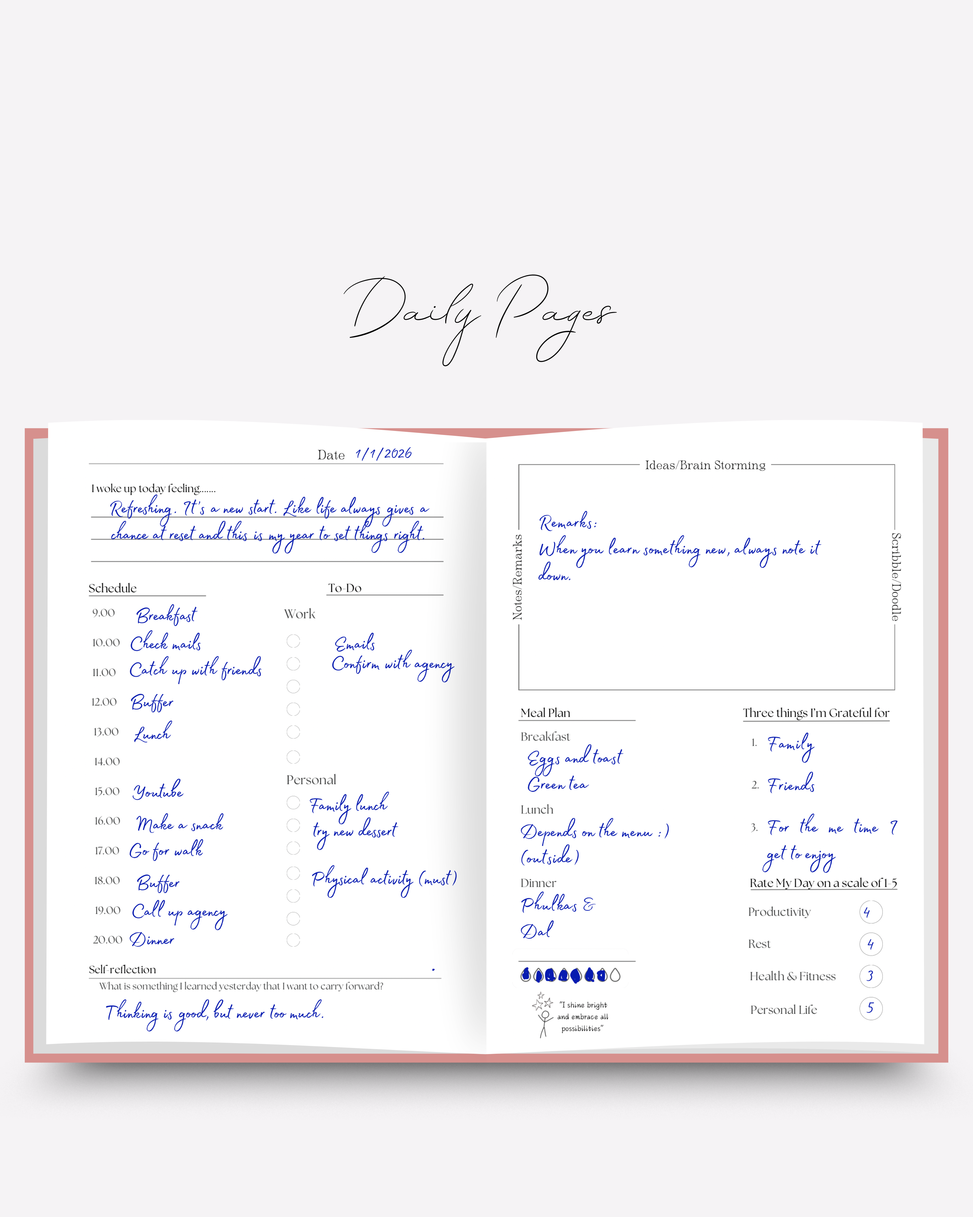 Daily planning pages with schedule, to-do list, notes, and reflection prompts on a white background and minimal layout.