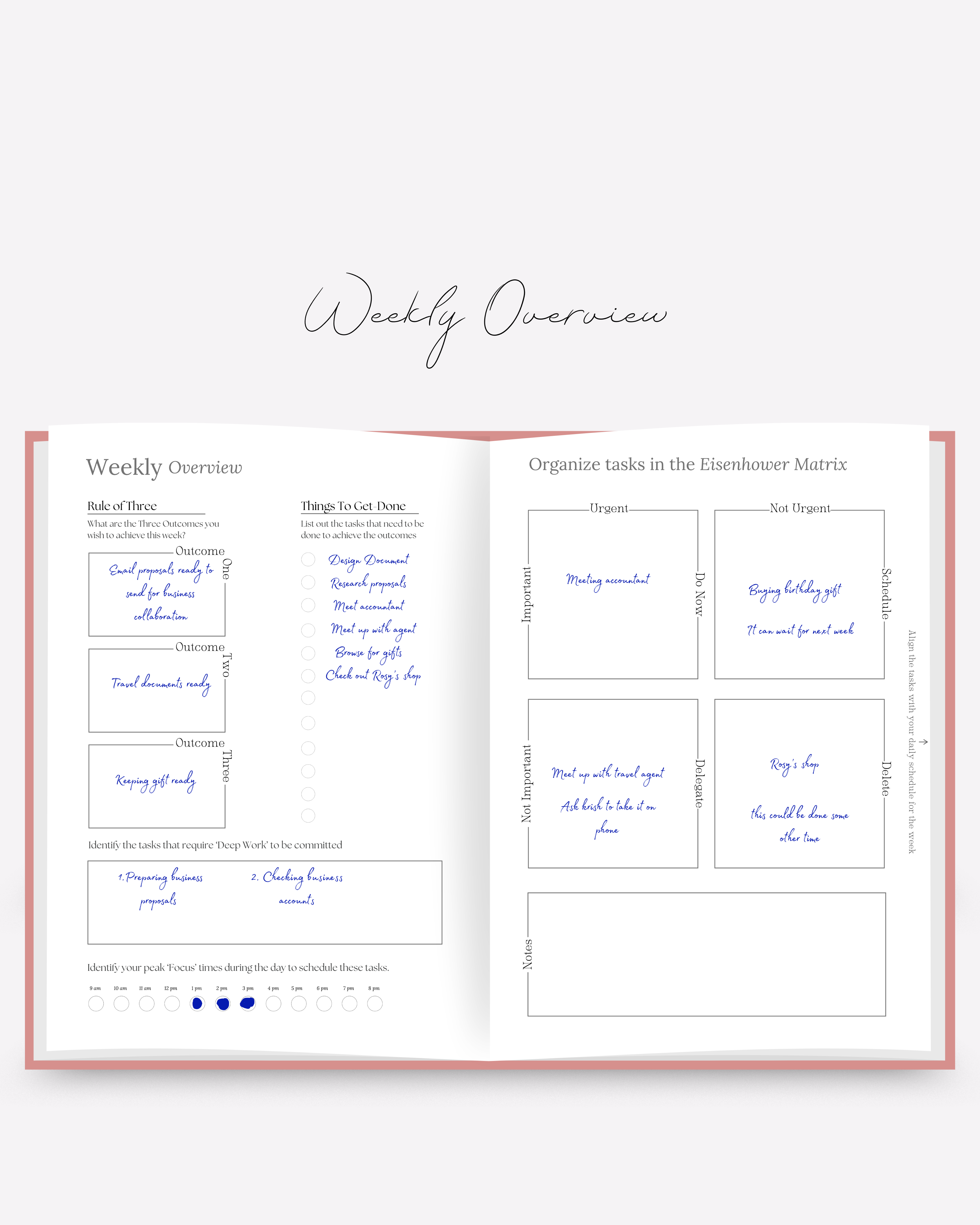 Weekly overview planner with tasks listed on a white background. Used tools like 'rule of three' and 'Eisenhower Matrix'